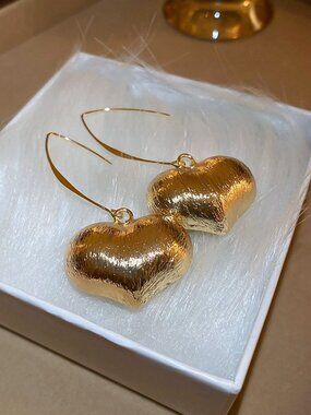 Gold Heart Drop Earrings Textured Vintage Love Dangle Earrings Minimalist Gifts